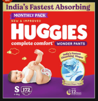 Huggies Complete Comfort Wonder Pants | Pant Style Baby Diapers Small Size (S), 172 Count | India's Fastest Absorbing Diaper, Prevents Diaper Rash, Ideal for 4 to 8 Kgs (86 Count, Pack of 2)
