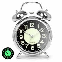 Rucon Table Analog Clock Alarm Super Loud for Heavy Sleepers Retro Twin Bell Metal Frame Clock with Night Backlight Function Bedside Luminous Alarm for Bedroom/Office (Silver Luminous)
