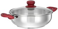 Amazon Brand - Solimo Stainless Steel Heavy Bottom Kadai with Glass lid | Three Layer Impact Forged Bottom for Durability | Premium Look with Soft Touch Handles and Knob, 24 cm