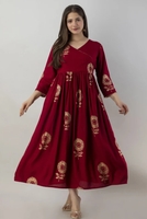 HANDISH  Women Printed Viscose Rayon Flared Kurta (Maroon