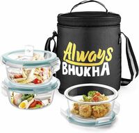 Treo by Milton All Fresh Glass Tiffin Containers with Insulated Bag (Always Bhukha), 3 Containers, 400 ml Each, Microwave Safe, Ovensafe, Stackable, Leak Proof, Office, Black 