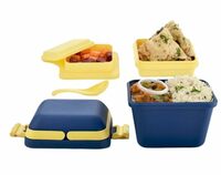 Round stand Airtight Lunch Box Set | 3 Compartment Tiffin with Handle & Push Lock | Plastic Tiffin Box for Travelling, School Kids & Office (Blue)