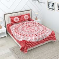 RajasthaniKart® Pure 100% Cotton Double Bed Sheet with 2 Pillow Covers (Bedsheet for Double Bed Cotton, Red Rangoli Jaipuri, King Size)