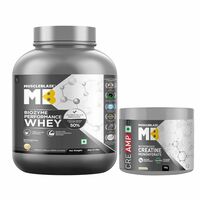 MuscleBlaze Biozyme Performance Whey Protein Powder, French Vanilla Creme (2kg / 4.4lbs) & Micronised Creatine Monohydrate CreAMP Powder, Unflavoured (32 Servings, 100g) | Pack of 2