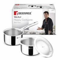 Bergner Tripro Triply 3 Pcs Stainless Steel Cookware Happy Set - Tope with Lid 16cm (1.5L) and Teapan 14cm (1L), Even and Faster Heating, Healthy Cooking, Less Oil Use - Induction and Gas Stove Ready