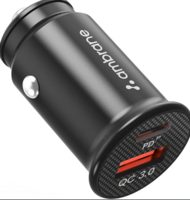 Ambrane 22W Fast Car Charger | Dual Port PD + QC | Type C & USB Car Adapter for iPhone, Samsung, Android, Tablets, Laptop | Compact Car Charger for Mobile, iPhone, Android, (ACC-21 Black)
