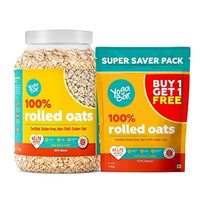 Yogabar 100% Rolled Oats 2kg Combo, 1kg Jar + 1kg Pouch | Gluten-Free, High-Fibre Wholegrain Oats | Nutritious Breakfast Cereal, Easy-to-Cook