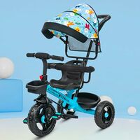 Kidsmate Deluxe 4-in-1 Tricycle for Kids with Adjustable Canopy | Durable Plug & Play Baby Trike with Safety Rail & Push Handle for Parents | Safe & Comfortable Ride for Toddlers 12-48 Months - Blue