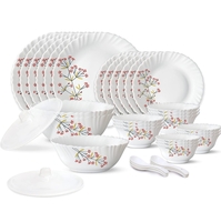 Larah by Borosil Red Bud Silk Series Opalware Dinner Set | 35 Pieces for Family of 6