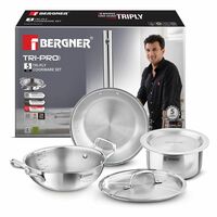 Bergner Tripro Triply Stainless Steel Cook Serve N Keep 5 Pcs Cookware Set - 24cm/3L Kadai with Lid, 22cm/1.5 L Frypan, 16cm/2 L Tope with Lid, Event Heating, Less Oil Use - Induction and Gas Ready