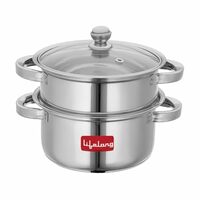 Lifelong 2-Tier Steamer/Momo/Modak Maker with Sandwich Bottom| Heavy Base | Induction Compatible with Glass Lid & Riveted Handles | 20 cm Stainless Steel Multi-Purpose Cooking Steamer (LLMOM01SB)