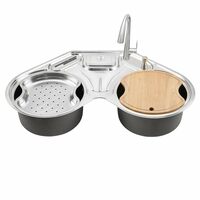 Hindware Kitchen Sink 35"x35"x9" | 304 Grade Stainless Steel | Handmade Single Bowl Sink with Accessories includes- Soap Dispanser, Pullout Faucet, Bottle Trap Connector & Chopping Board (Octavius)