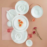 Larah by Borosil Plain White Silk Series Opalware Dinner Set | 35 Pieces for Family of 6 | Plates & Bowls | White