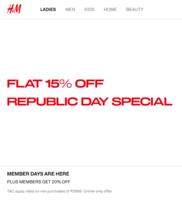 H&M Republic Day Special - Flat 15% Off & For Plus Members 20% Off 