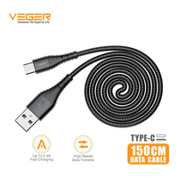 Noymi|VEGER| Unbreakable 3A Fast Charging 1.5m Braided Type C Cable for Smartphones, Tablets & other Type C devices, 480Mbps Data Sync, Quick Charge 3.0 (150CM, Black)Powered by VEGER