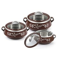 CELLO Glitter Casserole with Inner Steel | Insulated Stainless Steel Inner Body Casserole Set for Meal| chapati| Curry| roti, 3 Unit, Brown