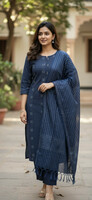 Women Khadi Cotton Kurti Palazzo Dupatta Set ( Navy blue ) ( Medium Size )