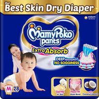 MamyPoko Pants Extra Absorb Baby Diapers, Medium (M size), 7-12 kg, 28 Count, Deep Sleep Diapers, Soft gentle fit, Deep Absorbent Crisscross, skin friendly with coconut oil