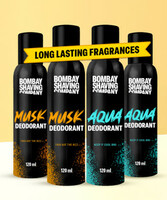 BOMBAY SHAVING COMPANY Fresh Aqua & Intense Musk 120mlx4 Combo Deodorant Luxury Long Lasting Fragrance Deodorant Spray  -  For Men & Women (480 ml, Pack of 4)