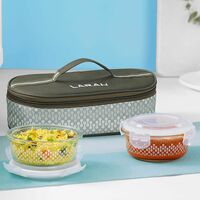 Gracia Borosilicate Glass Lunchbox with Bag | 2pc Round Container (400 ml Each), Horizontal | Microwave & Dishwasher Safe, Leakproof | Tiffin for Office, School, College | Green
