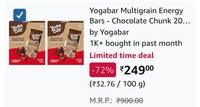 Yogabar Multigrain Energy Bars - Chocolate Chunk 20 Bars - Daily Protein Snack, High Energy & Nutrition Bars - with 8g Protein & 7g Fibre - No Preservatives - Pack of 2, 10 Bars each