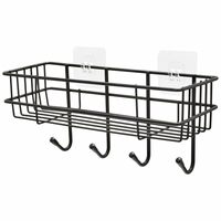Amazon Basics Self-Adhesive Wall Shelf – No-Drill Multipurpose Bathroom/Kitchen Organizer with Hooks and Towel Holder, Rust Proof GI Steel Organizer | Black, 28.2 x 9.8 x 11.5 cm, Pack of 1