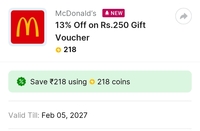 13% Off on McDonald’s Value Club Gift Voucher Worth Rs.250 by Using 218 Flipkart Supercoin 