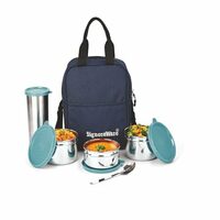 SignoraWare Fusion Stainless Steel Lunch Box with Bag | Airtight & Leakproof | Ideal for Office Executives & Students | Great for Picnics & Outdoors (500mlx2 + 350ml + 500ml | Set of 4 | Eblue)