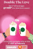 Starbucks Double The Love : Get 2 Tall Beverages at 499 through Swiggy & Zomato (8th Feb)