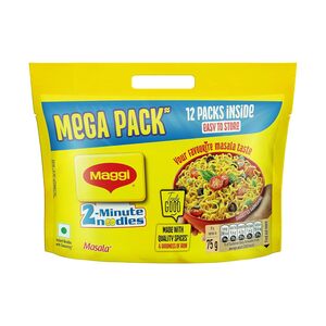 Maggi MAGGI 2-Minute Instant Noodles, Masala Noodles With Goodness Of Iron, Made With Choicest Quality Spices, Favourite Masala Taste, 840/900g Pouch (Pack of 12, 70/75g each) (weight may vary) on amazon