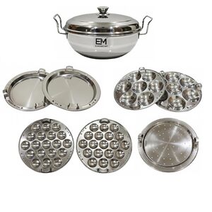 Stainless Steel Idli maker Induction Bas Idli Cooker/Momo Maker/Multi Kadai/Steamer Set|Large Plates 2 Idli|2 Dhokla|1 Steamer|2 Mini Idli |3-Layer Thick Bottom | Gas & Induction Friendly (7 Plates - Induction Bottom I