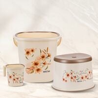 Nayasa Plastic Sqr DLX 3 Pcs Bathroom Set | Bucket 18 L + Mug 1.5 L + 508 DLX Stool | Bathroom Set | Bath Set for Bathroom | Off - White