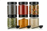 HomeWiz Airtight Kitchen Storage Containers Set of 6 (250 ML Each) | Unbreakable Transparent Plastic Masala Box Dabba for Spice, Cereal, Dry Fruits | Round Jars with Spoons | Kitchen Accessories items