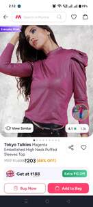 tokiyo talkies top mangenta Embellished high neck puffed  sleeve top