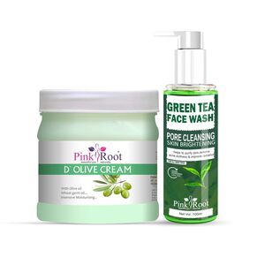Pink Root Green Tea Pore Cleansing Face Wash 100ml with D'Olive Cream Massage Cream with Olive Oil Wheat germ Oil 500gm