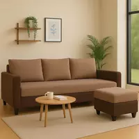 FURNY Chromano Fabric 4 Seater L Shape Sofa Set 3 Seater Modern Sofa Set & Ottoman for Living Room (Dual Brown Color) 