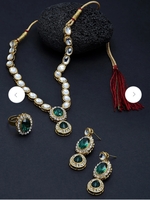 Zaveri Pearls Gold-Plated Green & White Kundan-Studded Jewellery Set