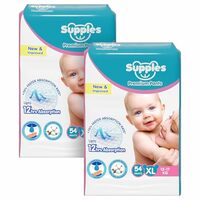 Amazon Brand - Supples Premium Baby Diaper Pants | 108 Baby Diapers | XL | 12-17 Kg | 12 Hrs Absorption | Cushiony Cotton Soft Fabric | Phthalates-Free | Triple Leak Guard | 54 Count, Pack of 2