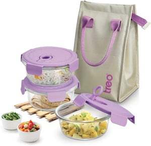 Flipkart.com | TREO Lumino Fresh Round Borosilicate Glass Lunch Box Set of 3 Purple 400ml Each & Bag 3 Containers Glass Office Lunch Box -