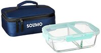 Amazon Brand - Solimo Microwave Safe Two Compartment Lunch Box Set for Office with Bag | Borosilicate Glass | Safety Lock Airtight Tiffin Containers (540 ml) | Transparent | Slim Design