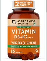 Carbamide Forte Vitamin D3 K2 Supplement | Vitamin K2 MK7 to Support Bone & Heart Health | Veg D3 - Lichen - 60 Tablets 