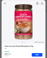 Gaia Crunchy Muesli (Strawberry) 1kg on Instamart:
Available Mumbai check yours 
