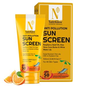 NutriGlow Advanced Organics Anti Pollution Sunscreen SPF50 PA+++ For Non Greasy Daily Moisturizer With Broad Specrtrum For Dry, Damage and Tan Free Skin, All Skin Types, (100 ml)