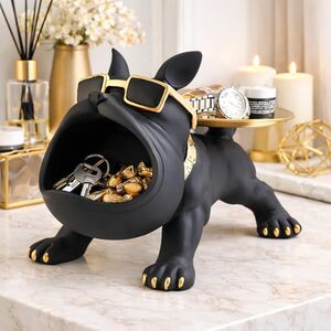French Bulldog Key Bowl Holder with Storage Tray – Black & Gold Dog Statue [Apply ₹250 Coupon]