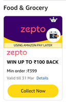 zepto - 50 back on 99 /100 back on 399 using apay (user specific reward)