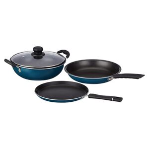 Amazon Brand - Solimo Aluminium – 3 Pcs Non Stick Cookware Sets, Tawa 25 Cm, Kadhai 24 Cm with Glass Lid, Fry Pan 24 Cm (Peacock Green)