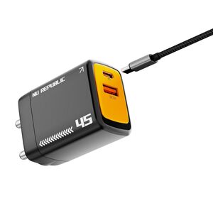 Nu Republic Cybotron 45W Dual Port GaN Superfast Wall Charger with USB-A & Type-C, PowerBlitz™ Technology, PD-QC Fast Charging for MacBook,Type-C Laptops,iPhone, Samsung,OnePlus, Realme & More