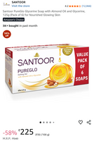 Santoor PureGlo Glycerine Soap (Pack Of 6) @225.