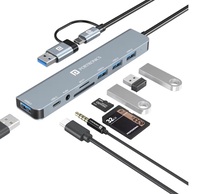 Portronics Mport 8 Plus Dual Plug 8-in-1 Docking Station/Hub with AUX, USB 3.0, microSD/SD Card Reader, Type-C Data, USB 2.0, Type-C and USB Plug for Laptop, Mac, PC (Grey)