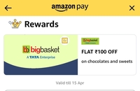 Amazon - Unlock Bigbasket Flat ₹100 off on Chocolates and Sweet by Scan & Pay transaction (User Specific)